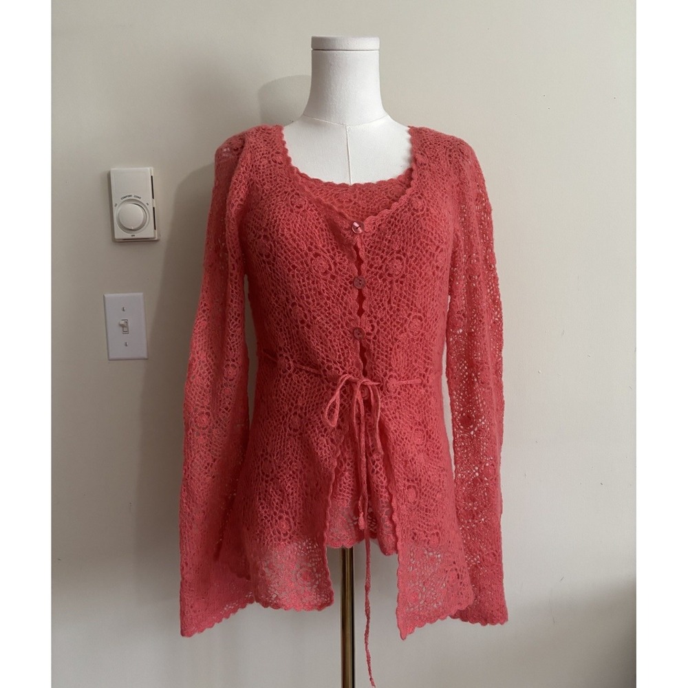 Dana Buchman Womens Medium Cardigan Sweater SET Y2K Mohair Wool Pink Crochet